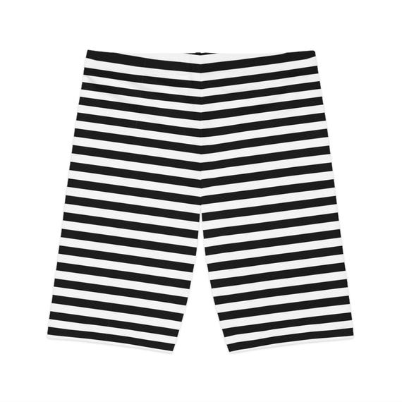 Chic Black White Bike Shorts Striped Athletic Wear - Main Image