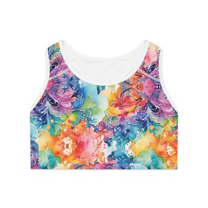 Vibrant Rainbow Floral Sports Bra, Colorful Workout Top, Activewear for Yoga, Running & Fitness, Gift for Her, Exercise Clothing