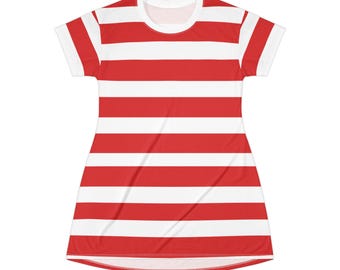 strapless open back dress Masha Mini Dress in Red and White Stripe Jersey , Crew Neck