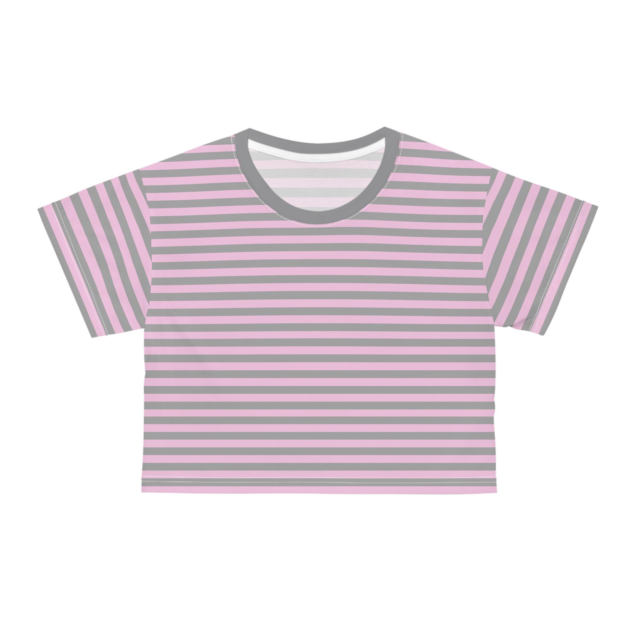 シックなストライプ柄のピンク＆グレーのクロップTシャツ。トレンド