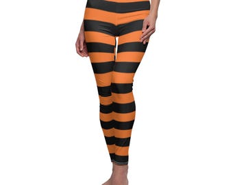 Halloween Schwarz Orange Gestreifte Leggings Witchy Cosplay Kostüm Lässige Trending Workout Hose, Alltagskleidung, Geschenkidee