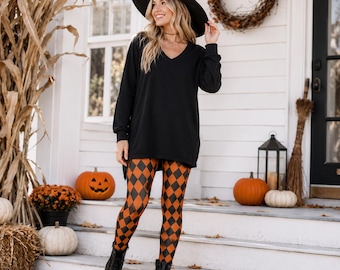 Halloween Harlequin Yoga Leggings Mad Hatter High Waisted Pants, Workout Leggings Black and Orange Activewear, Athleisure Yoga Pants