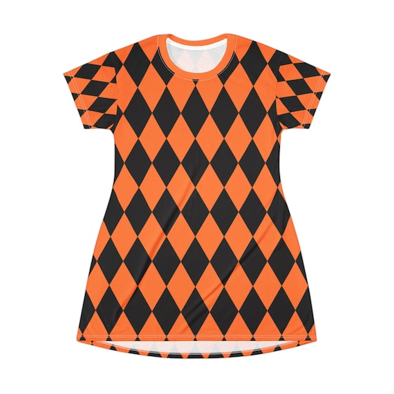 Halloween Harlequin T-Shirt Dress, Stylish Casual Wear, Fall Fashion, Trick or Treat Outfit, Unique Gift for Halloween Celebrations