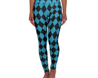 Teal & Black Halloween Harlequin Yoga Leggings Mad Hatter High Waisted Workout Leggings Activewear Athleisure Cosplay Costume