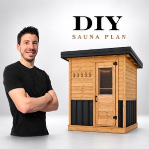 May include: A DIY SAUNA PLAN document featuring a wooden sauna structure with a black roof, black metal lower panels, a single door with a glass window, and five black wall hooks. The design is presented as a construction project guide.