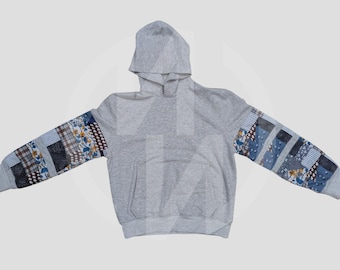 Grey Patchwork Hoodie: Floral Print Sleeves, Cotton Fleece Sweatshirt