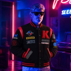 May include: A black varsity jacket with red leather sleeves and striped ribbed trim. The jacket features various embroidered patches including the text Zenith, Renegade, Zombie, Kavinsky, Outsider, Horizon, Plasma, and Cameo, along with a large red letter K.