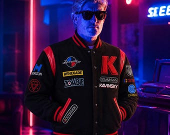 Veste universitaire Kavinsky Reborn | Écusson brodé | Veste synthwave en laine noire