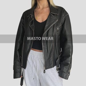 90s Vintage Women’s Oversized Black Leather Biker Jacket, Boxy Moto Coat for Ladies, Retro Look Street Style Leather Jacket, Gift for Her