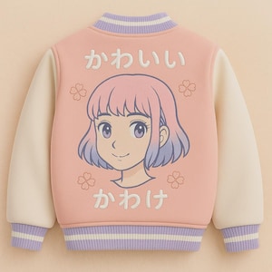 Kawaii Anime Girl Embroidered Varsity Jacket Pastel Pink Bomber – Japanese Harajuku Cute Jacket – Soft Aesthetic Oversized Gift for Her