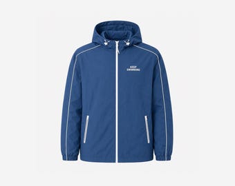 Handmade Navy Blue Hooded Windbreaker Jacket | Keep Swimming Kpop Fan Style, Korean Streetwear Coat