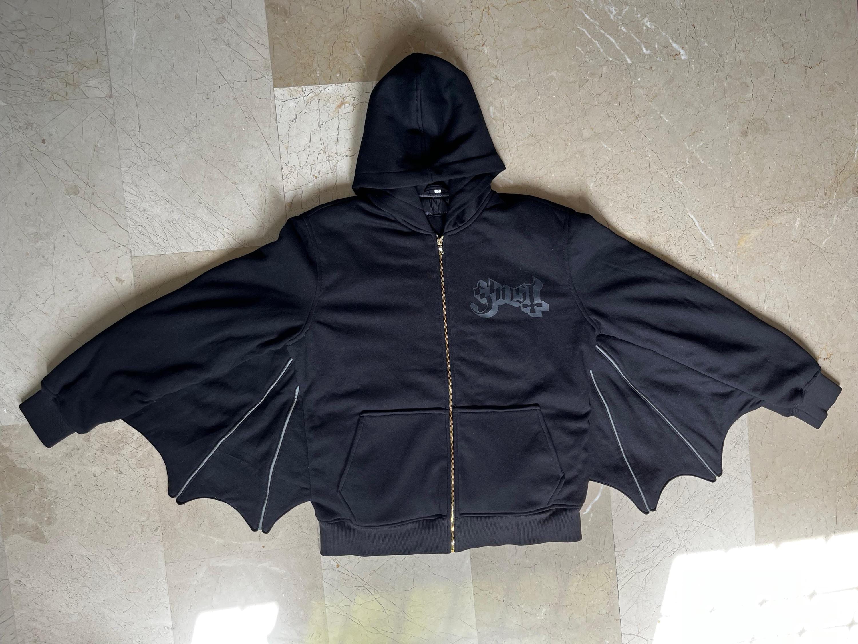 Ghost Batwing Hoodie | Black Zip-Up Gothic Hoodie with Wing Sleeves | Unisex Streetwear Halloween Gift | Dark Aesthetic Sweatshirt