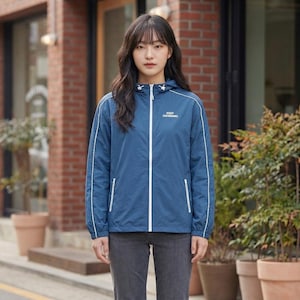 Puede incluir: Chaqueta azul con capucha, ribetes blancos y cremallera blanca. El texto "KEEP SWIMMING" está en el pecho. La persona lleva pantalones grises. El fondo incluye un edificio de ladrillo y plantas en macetas.