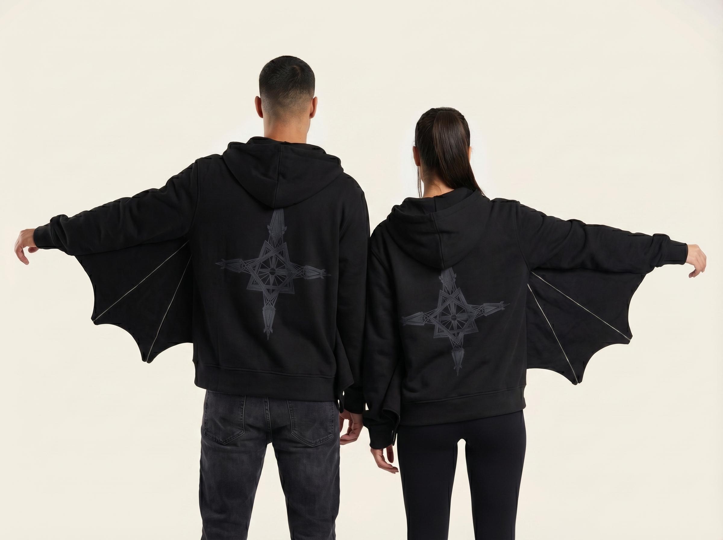 Ghost Batwing Hoodie | Black Zip-up Gothic Hoodie With Wing