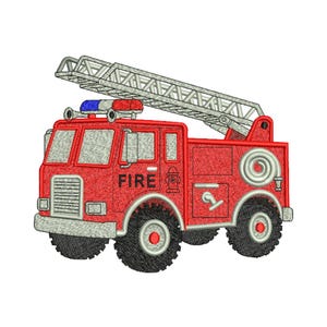 May include: Embroidered red fire engine with the word "FIRE" and a fire hydrant graphic. The vehicle has a silver ladder, black tyres, and a blue and red light bar. A decorative design for apparel or home decor.