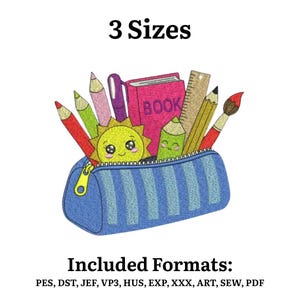 May include: A blue pencil case with a zipper, containing colorful pencils, a pink book, a ruler, and a paintbrush. A smiling sun and a green pencil peek out. The text "3 Sizes" and "Included Formats" are also visible.