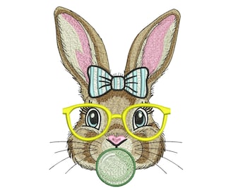 Desenho de coelho para bordar à máquina | 3 tamanhos | Coelho da Páscoa com óculos | Desenho de coelho para crianças | Download instantâneo