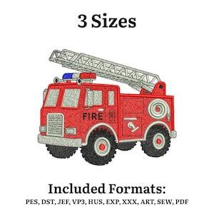 Pode incluir: Um design de bordado vermelho de um caminhão de bombeiros com uma escada, sirene e a palavra "FIRE". O design inclui o texto "3 Sizes" e "Included Formats: PES, DST, JEF, VP3, HUS, EXP, XXX, ART, SEW, PDF".