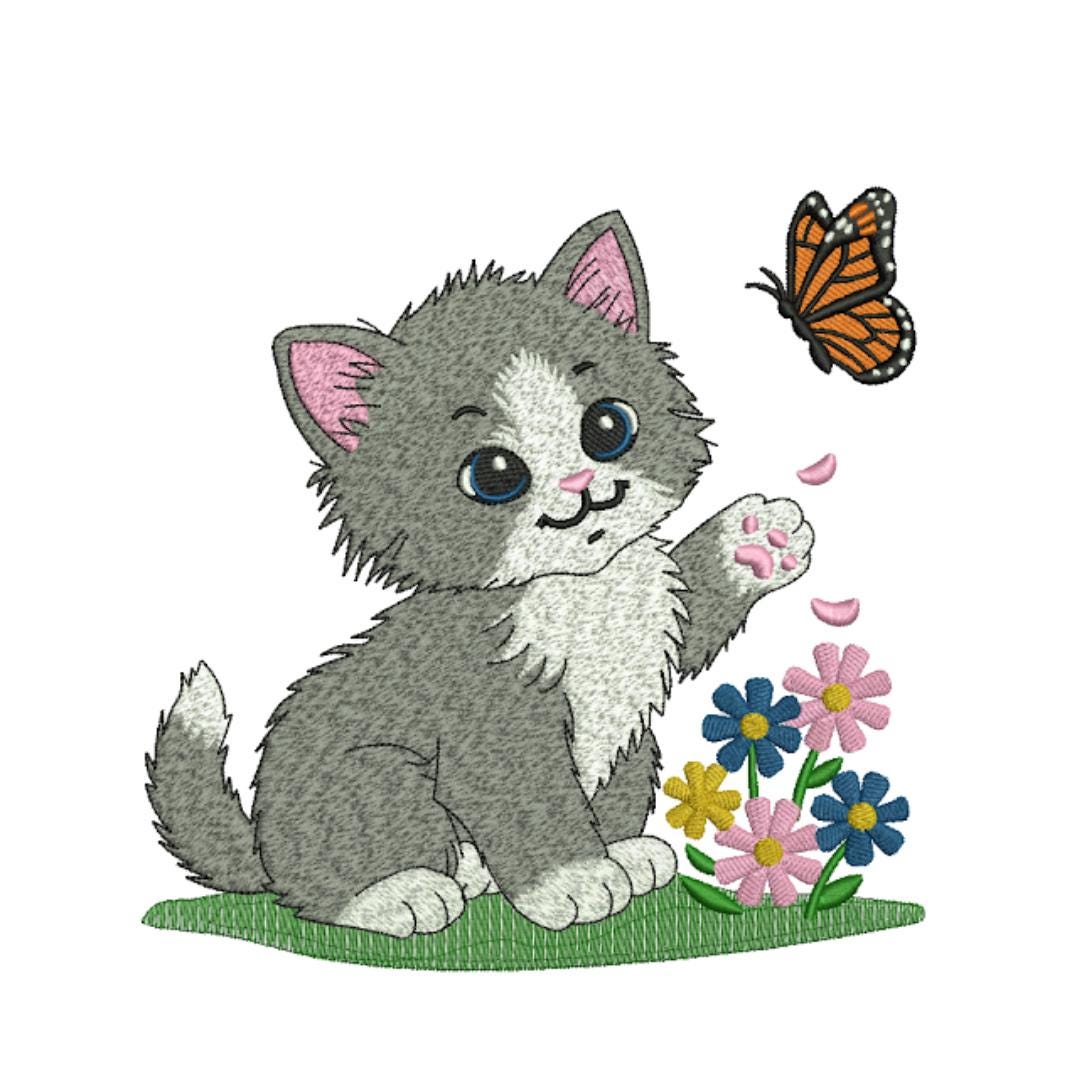 Cute Cat Machine Embroidery Design – 3 Sizes – Formats: PES DST JEF VP3 ...