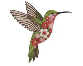 May include: Embroidered hummingbird design in flight, featuring a blend of green, pink, and brown hues. The bird's body is adorned with red, pink, and white floral accents. The wings are detailed with intricate stitching, set against a clean white background.