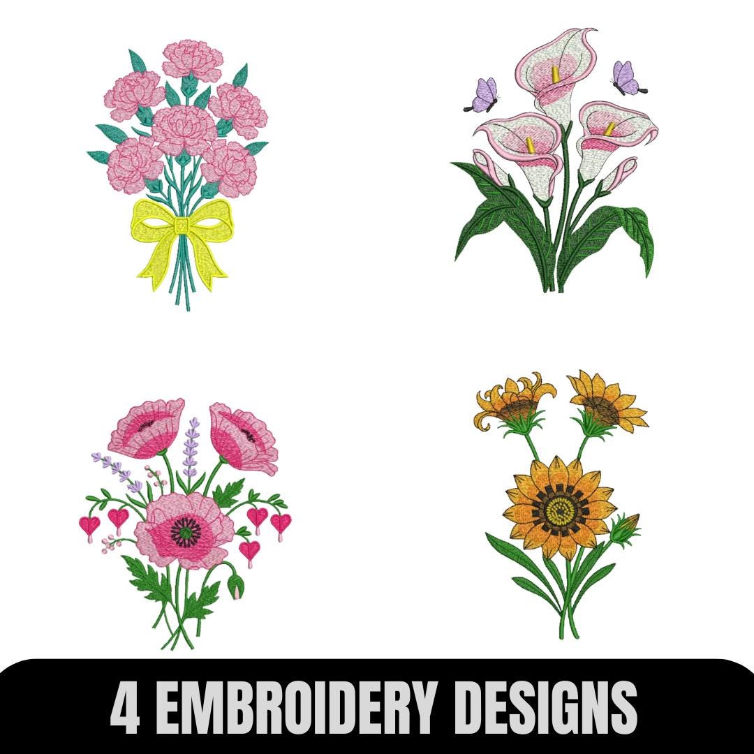 Floral Embroidery Design Bundle | 3 Sizes | Elegant Botanical Flower ...