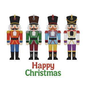 May include: Four embroidered nutcracker figures in festive uniforms of red, green, blue, and white. Each has a mustache and a decorative jacket. The words "Happy Christmas" are in green and red below the figures.