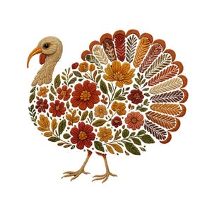 May include: A decorative turkey illustration with a body composed of colorful flowers and foliage in shades of red, orange, and yellow. The turkey's head and legs are detailed, set against a white background.
