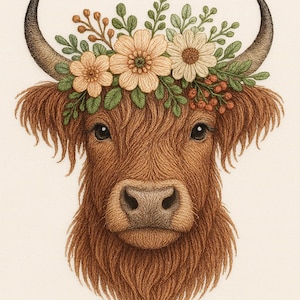 Disegno da ricamo raffigurante una mucca delle Highlands: "Dimentica i disegni noiosi: questa mucca è da tenere!"