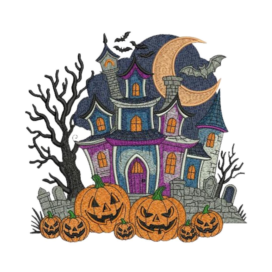 Haunted House Embroidery Design, Spooky Pumpkin Machine Embroidery ...