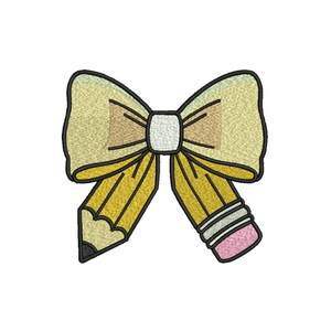 May include: Embroidered bow design featuring a yellow pencil motif. The bow has a light yellow and tan center with black outlines. The pencils are yellow with black tips and pink erasers. The design is on a white background.