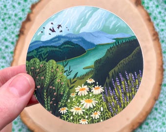 River and Mountains Sticker, Pacific Northwest Wildflowers, Columbia River Gorge Oregon, Hand Drawn Nature Art