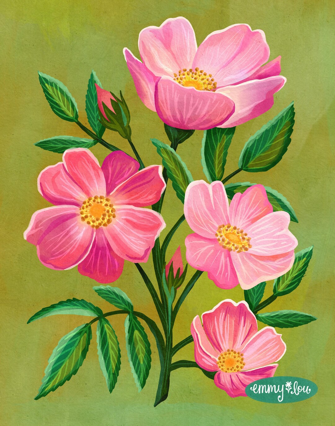 Wild Rose Art Print, Pink Botanical Floral Illustration, Cottagecore ...