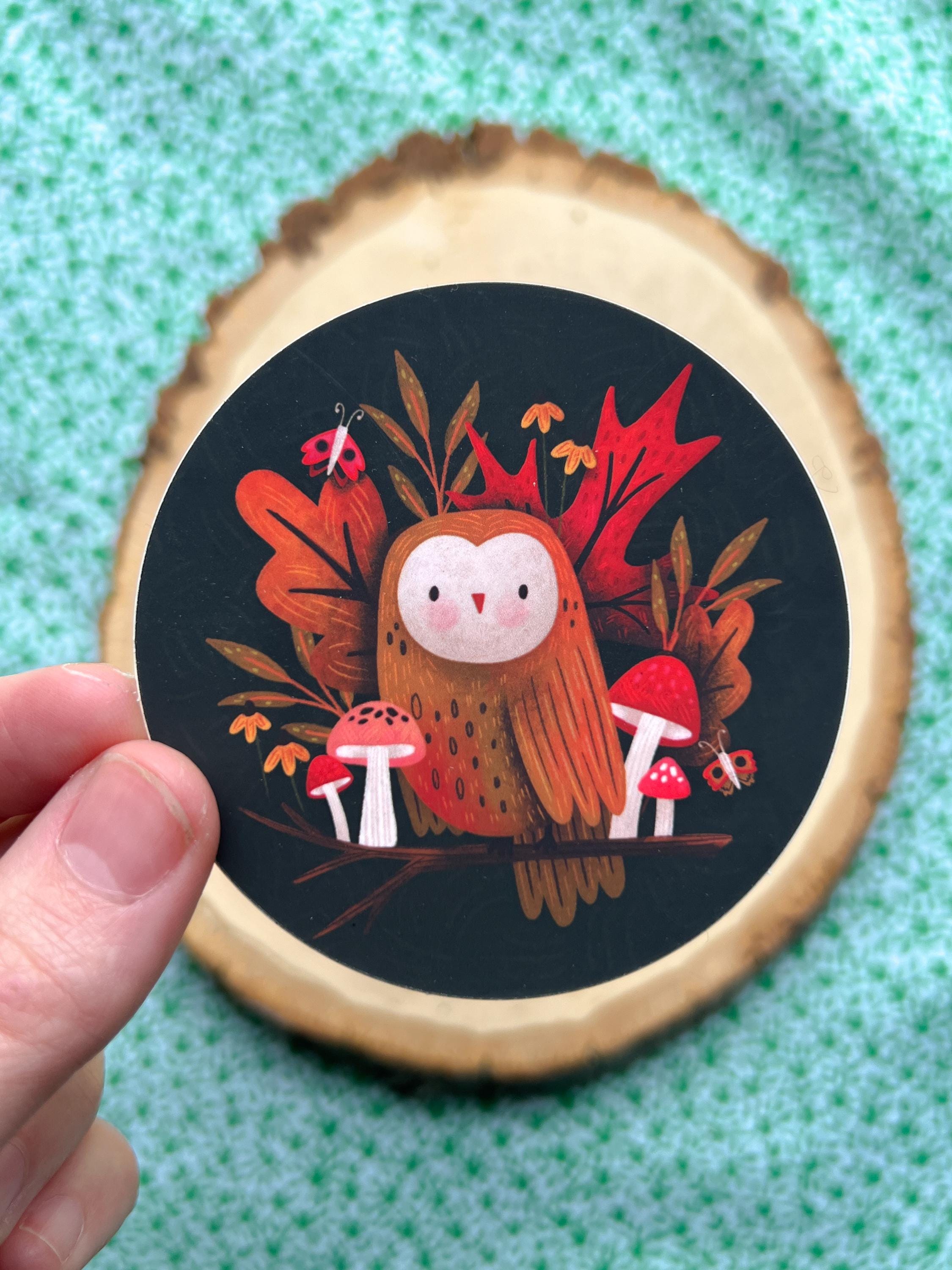 Fall Owl & Mushroom Sticker, 1970s Vintage Inspired Sticker, Waterproof Vinyl Decal, Cottagecore