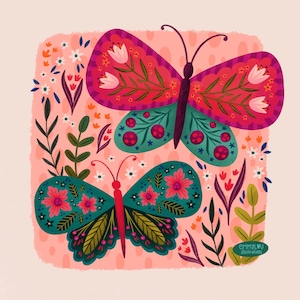 Floral Butterflies | Nature Art Print | Whimsical Pink Wall Art | 8x8