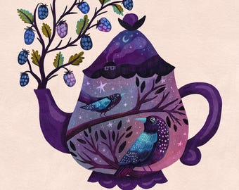 Whimsical Teapot Wall Art Print, Purple Cottagecore Home Decor with Starling Birds and Blackberries, 5x7, 8x10, 11x14