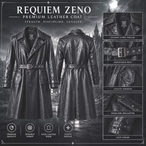Puede incluir: Un abrigo de cuero negro titulado Requiem Zeno Premium Leather Coat con el texto Stealth, Discipline, Loyalty. Incluye cuello de solapa clásico, cinturón ajustable, bolsillos utilitarios, charreteras en los hombros y correas abotonadas en los puños.