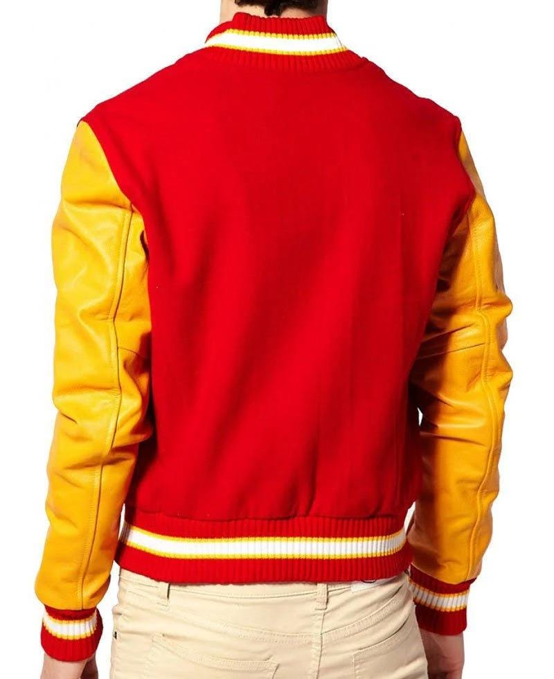 Red Varsity Letterman Bomber Jacket | Yellow Leather Sleeves, 80s