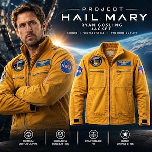 Peut inclure: Une veste en velours côtelé jaune moutarde avec un écusson NASA sur la manche gauche, un écusson de mission Project Hail Mary sur la poitrine droite, une étiquette nominative Grace et un drapeau des États-Unis sur la manche droite, avec fermeture éclair.