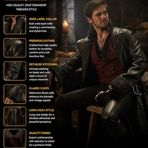 Puede incluir: Un abrigo largo de cuero negro con cuello de solapa ancho, costuras detalladas en solapas y puños, y puños acampanados. El abrigo se lleva sobre un chaleco abotonado de color rojo oscuro y pantalones negros. El texto WalJack es visible arriba.