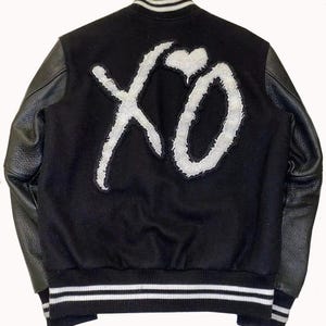Weeknd XO Varsity Leather Jacket | Singer Cosplay Jacket | Black Bomber Jacket | XO Leather Jacket | Bomber Varsity Jacket | Gift For Him