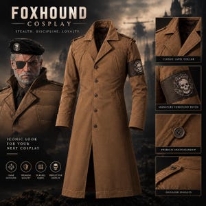 Puede incluir: Una gabardina marrón con cuello de solapa clásico, charreteras en los hombros y un parche oscuro en el brazo con un emblema de calavera y el texto FOXHOUND. El abrigo tiene cierre de botones y se muestra junto a vistas detalladas de sus partes.