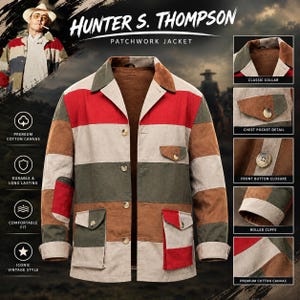 May include: A patchwork jacket featuring horizontal stripes in red, olive green, tan, and brown. The jacket has a classic collar, a front button closure, two lower flap pockets, one chest flap pocket, and long sleeves with cuffs.