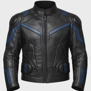 May include: A black jacket with a high collar and a full-length front zipper. The garment features blue accents on the shoulders, chest, and sleeves, along with padded circular shoulder and waist details and structured paneling throughout the design.