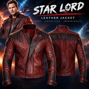 Puede incluir: Una chaqueta de cuero rojo oscuro con paneles negros texturizados en hombros y mangas, con cuello alzado y cierre de cremallera. El texto STAR LORD LEATHER JACKET es visible en la parte superior, junto a las palabras ICONIC, VINTAGE STYLE, PREMIUM QUALITY.