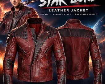 Puede incluir: Una chaqueta de cuero rojo oscuro con paneles negros texturizados en hombros y mangas, con cuello alzado y cierre de cremallera. El texto STAR LORD LEATHER JACKET es visible en la parte superior, junto a las palabras ICONIC, VINTAGE STYLE, PREMIUM QUALITY.