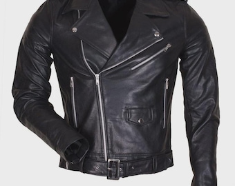 Chaqueta de motociclista inspirada en Marlon Brando / Chaqueta de motociclista de cuero de vaca negro hecha a mano para hombre