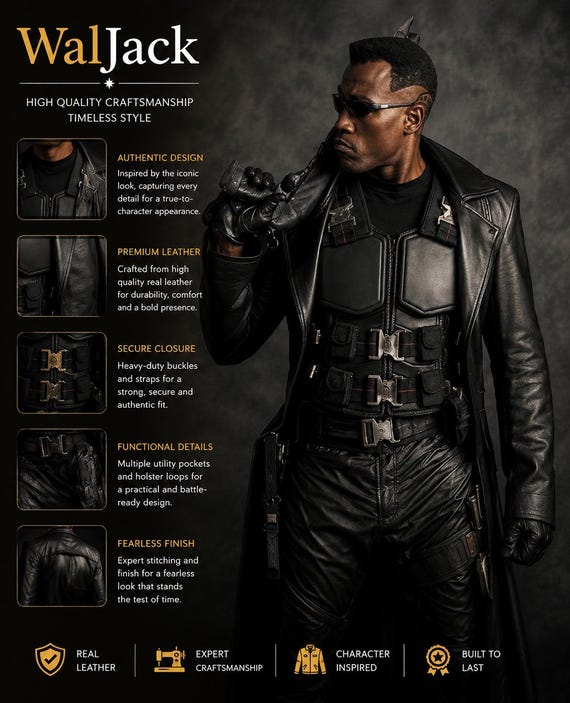 Blade Wesley snipes Black Leather Trench Coat Men | Blade costume | Vampire Hunter  with Vest | Long Gothic Duster Halloween Cosplay Outfit