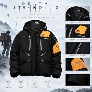 May include: A black hooded jacket featuring orange contrast panels on the shoulder and sleeve, multiple waterproof zippers, and adjustable cuffs. The jacket includes patches with the text "BRIDGES" and "WHITEARTH" and is inspired by Death Stranding.