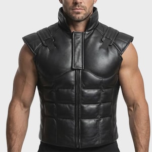 May include: A black sleeveless vest featuring a high collar, a central zipper closure, and a padded, quilted torso section. The shoulders have structured, reinforced panels with vertical stitching, creating a sleek, tactical appearance.
