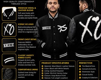 Schwarze Varsity Jacke Herren | Letterman Bomberjacke aus Wolle mit Lederärmeln | XO Heart Patch Streetwear Jacke